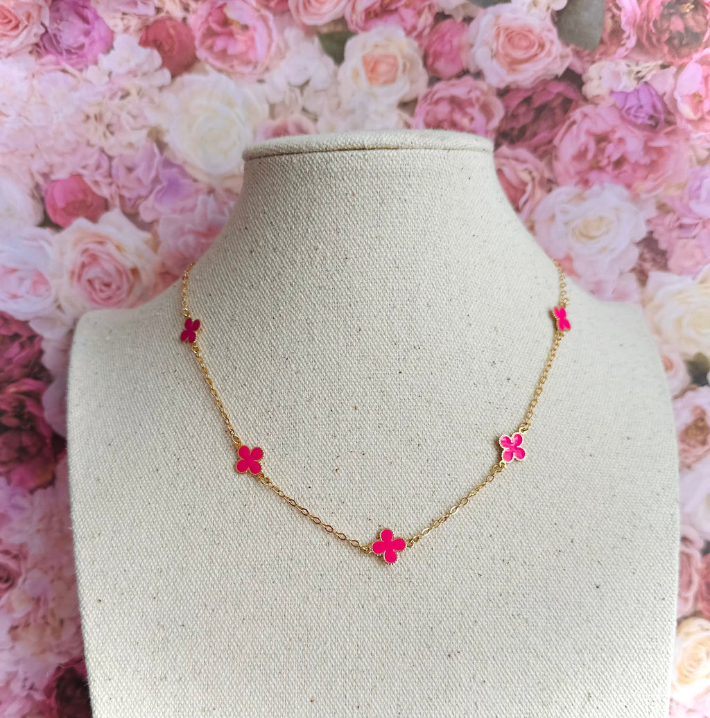 Fuchsia Pink Clover Gold Plated Necklace