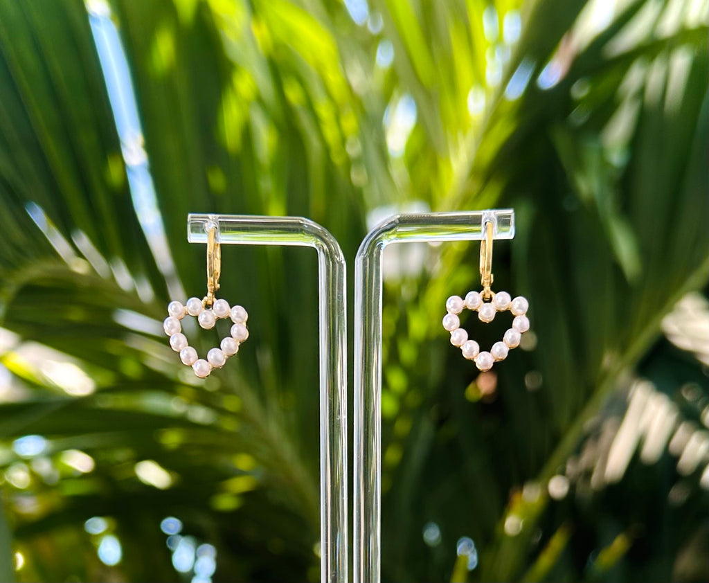 Heart Dangle Pearl Earrings Gold Plated