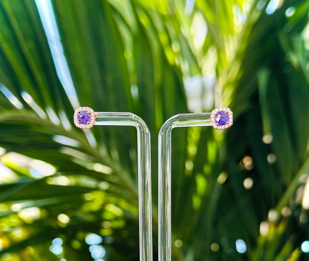 Purple Crystal Stud Earrings Rose Gold