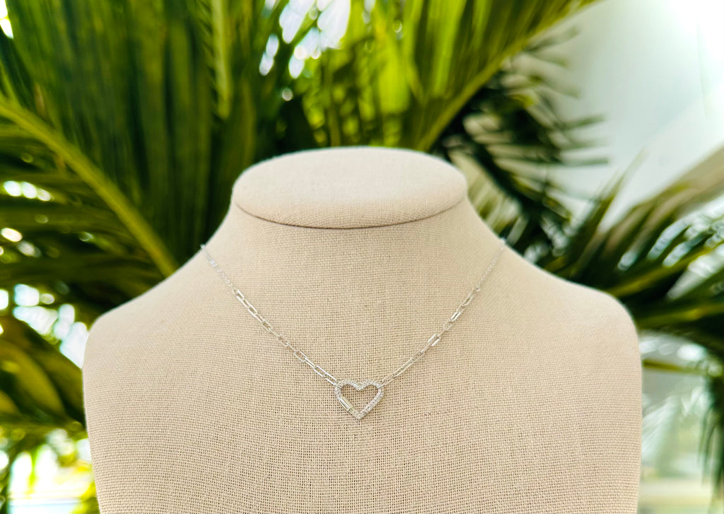 Heart Zirconia Paper Clip Sterling Silver Necklace