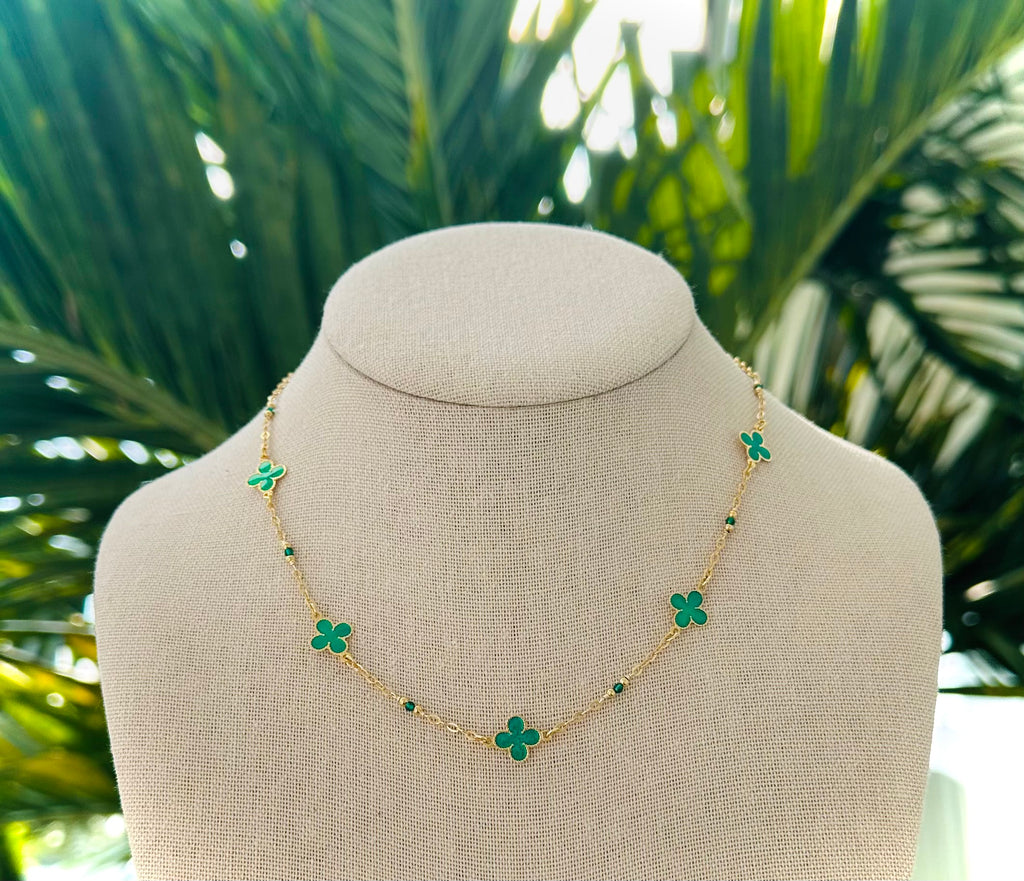 Emerald Green Enamel Clover Gold Plated Necklace