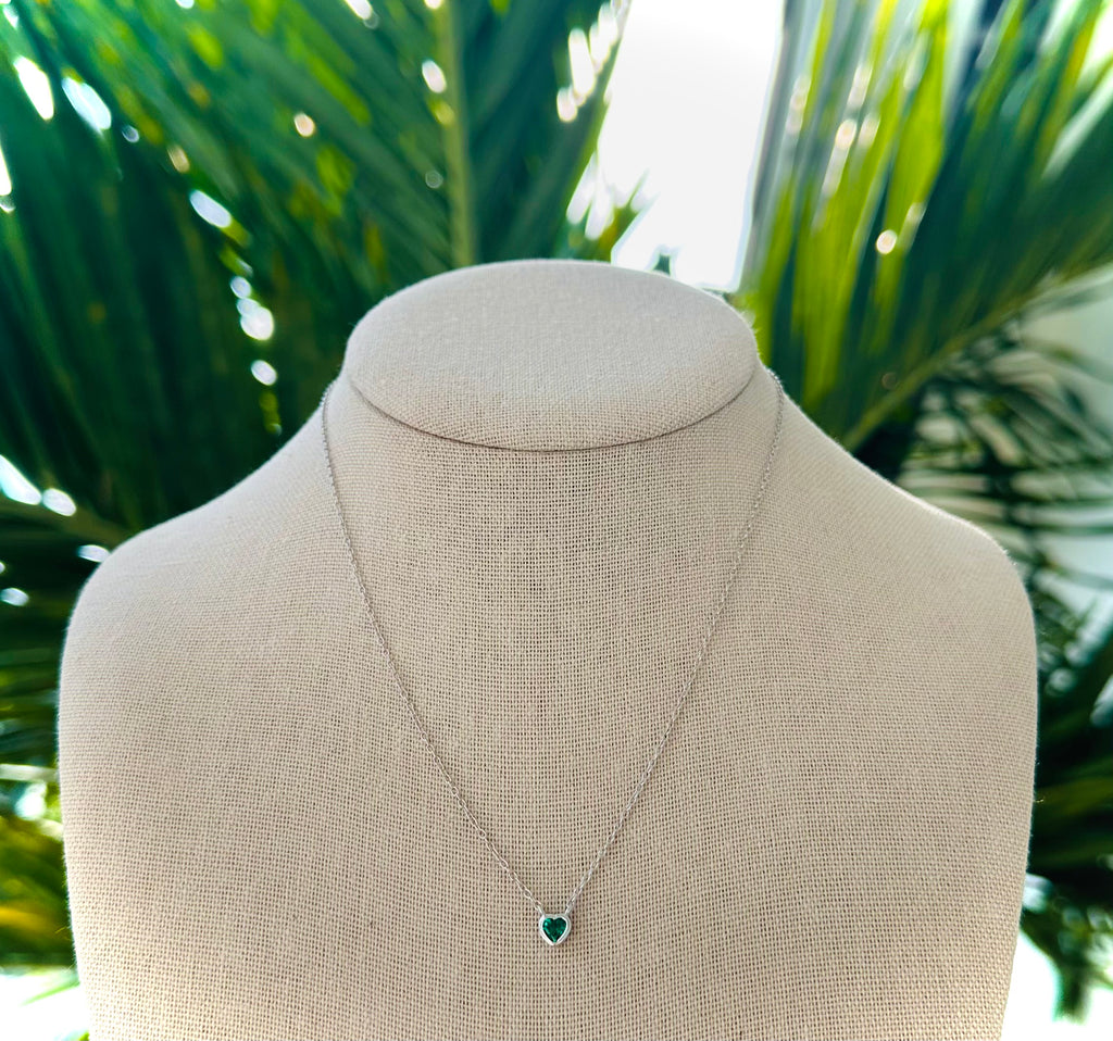 Emerald Green Crystal Heart Sterling Silver Necklace