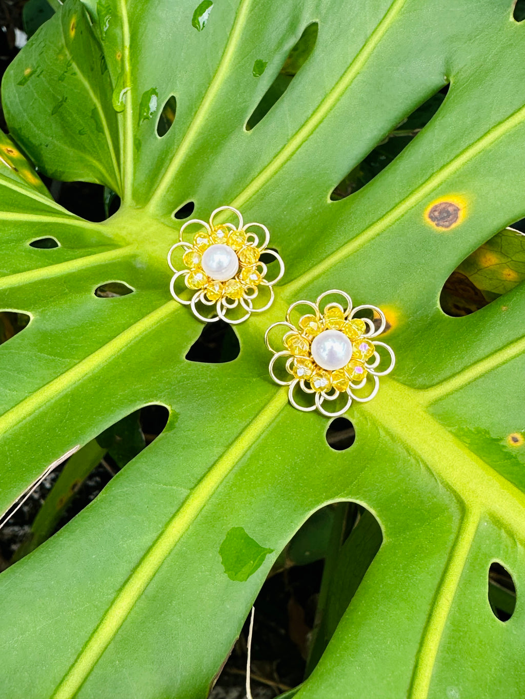 Gold Pearl Floral Earrings